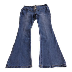 Fashion Nova Full Moon Lace Up Flare Jeans Pants Tie Up Wide Leg Blue Women 16